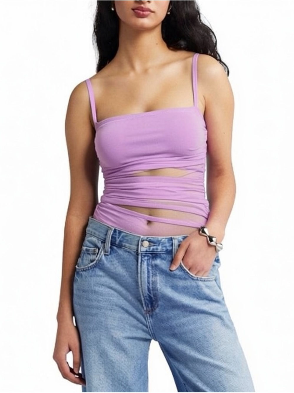 Open Edit Ruched Mesh Cami Lilac Strappy Wrap Crop Top Womens Size Medium